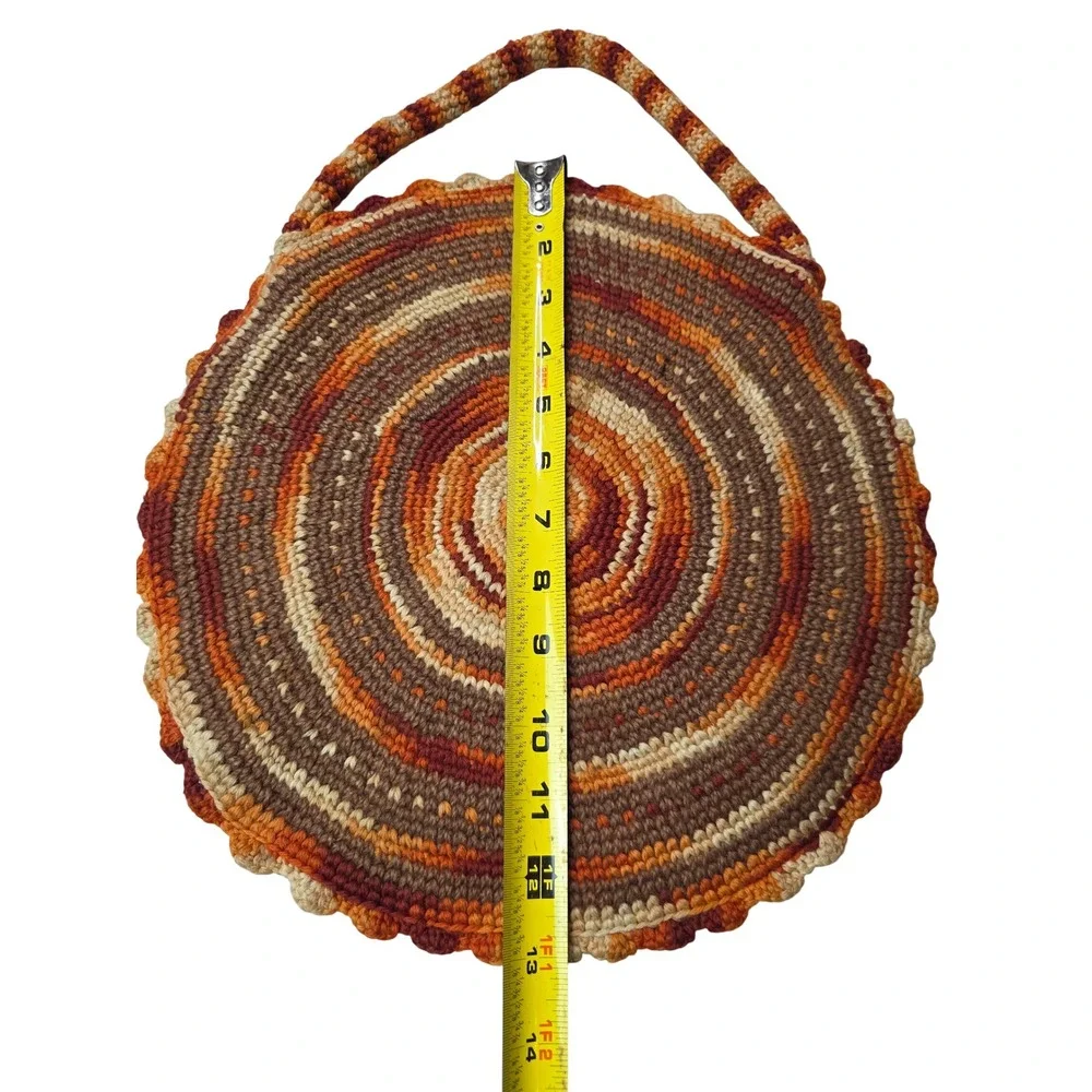 Vintage Handmade Crochet Circle Bag Orange Brown Spiral Round Tote Boho Lined G1